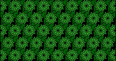 Dark green ornamental pattern with stylized leaf motifs arranged in a symmetrical flowing decorative layout.