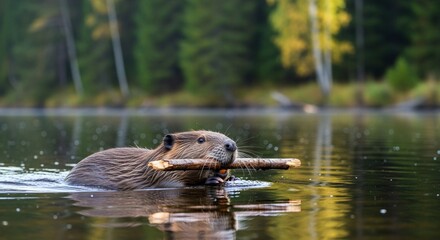 Obraz premium Beaver swimming in lake holding branch outdoors nature wildlife photography