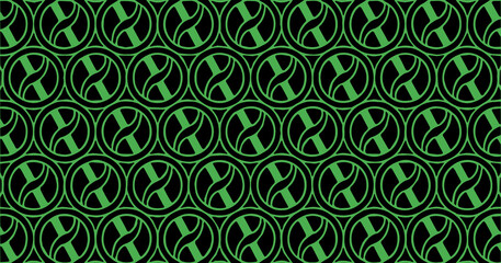 Green geometric circular pattern with interconnected ring shapes forming a symmetrical repeating structure.