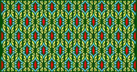 Green geometric pattern featuring layered leaf-like shapes with red and blue accents, arranged in a repeating symmetrical structure.