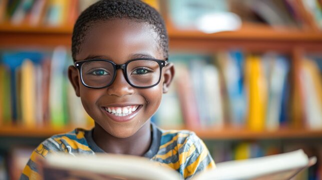 A young boy wearing glasses smiling while reading a book in a library.