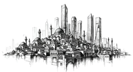 Naklejka premium Dense futuristic cityscape with layered skyline and towers, intricate architectural line illustration.