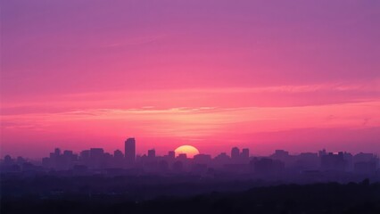 Fototapeta premium At sunrise in the city, pink and purple rays of light shroud the buildings, showing the dreamy and vibrant beauty of urban landscapes.