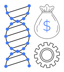 DNA strand, money bag with dollar sign, and gear depict science, innovation, and financial growth. Ideal for research, biotech, startup innovation healthcare investment progress concepts. A