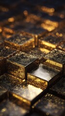 Abstract golden cubes background with reflective surface and textured details
