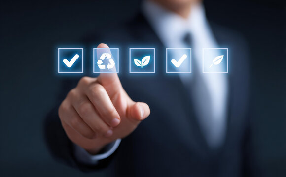 Focused businessman pointing at virtual screen with green environment icons. man selects recycling symbol for sustainability and ESG compliance on futuristic interface - Powered by Adobe