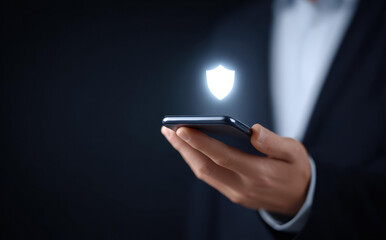 Focused businessman holding smartphone with glowing shield icon. concept of technology for data protection, security, cybersecurity, privacy, and secure network