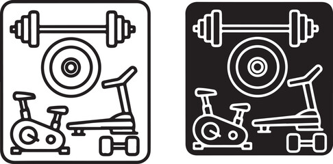 Two simple line art icons showcasing gym equipment, including a barbell, weight plate, exercise bike, and treadmill, one in black outline on white and the other in solid black on white icon on