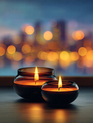 Burning Candles Illuminated in Glass Jars with a Soft Focus Evening Cityscape Background View
