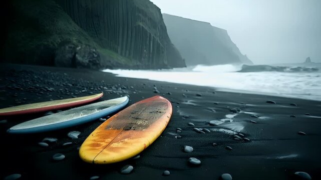 A closeup shot of a surfboard on a pebbly beach. The surfboard is yellow with brown spots and has a worn texture. The pebbles on the beach are dark and round.