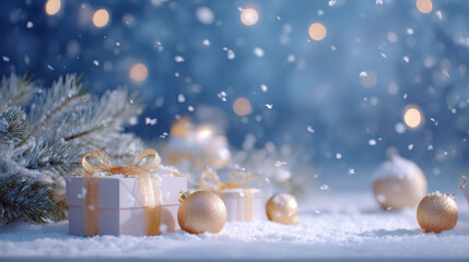 Festive Christmas background with gold gift box and ornament in snow. magical blue winter scene for holiday season with falling snowflakes and bokeh light