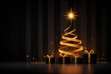 Elegant Gold Ribbon Christmas Tree with Presents and Sparkling Background