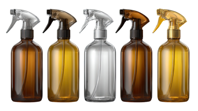 Empty transparent plastic spray bottle container cleaning tool with trigger nozzle hygiene supply close up isolated on white background