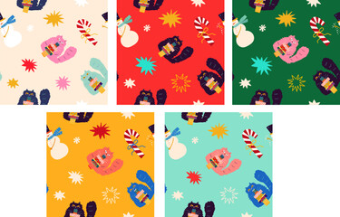 Christmas Seamless patterns with candies, Snowmans and cats