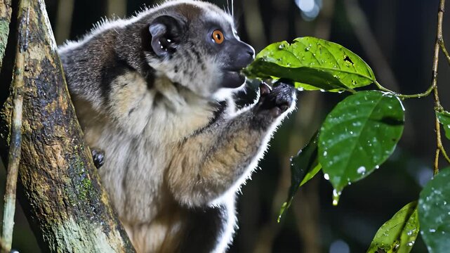 Nycticebus borneanus, Bornean pygmy slow loris perched on tree branch in darkness, capturing peaceful contemplation and subtle majesty of nocturnal dwellers in Southeast Asian forests.