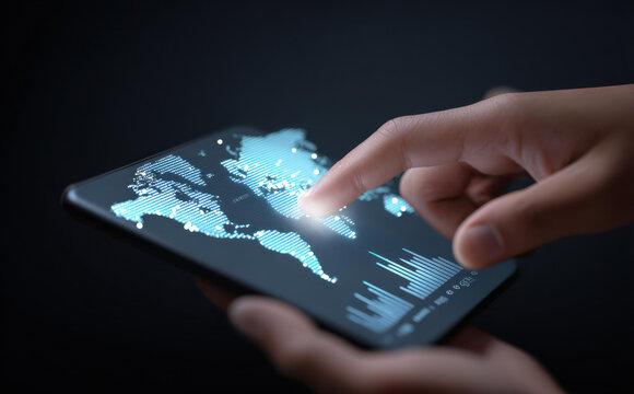Person hand with finger touching smartphone screen displaying digital world map. glowing interface suggests feeling of global connection and innovation