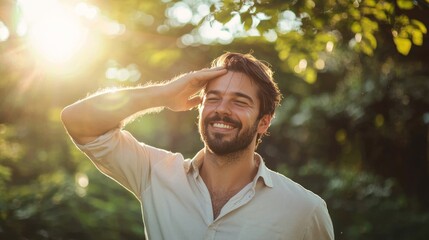 Obraz premium A man with a beard smiling in a park with trees in the background.