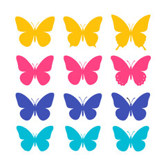 Butterfly Colorful Retro Vibes – Y2K element graphics vector in vibrant pink, yellow, blue, and purple silhouettes. Perfect for posters, stickers, web design, and fashion with nostalgic futuristic 