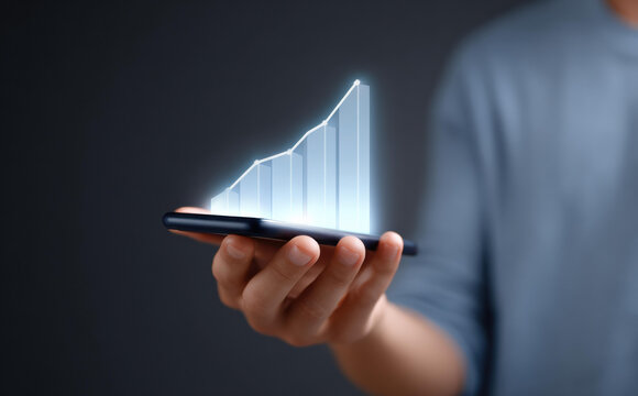 Businessman holding smartphone with holographic graph showing business growth. Concept of technology, finance, investment, and success for future digital marketing data - Powered by Adobe