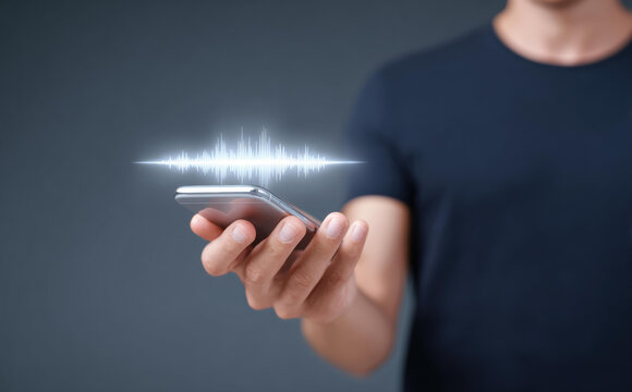 Focused man holding smartphone with digital voice and sound wave graphic. Modern audio recognition technology concept for communication showing glowing signal on dark background