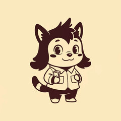 Cartoon raccoon character in shirt holding a book, outlined in brown on beige background.