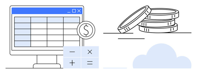 Spreadsheet on monitor, currency icon, calculator, cloud storage, and coins. Ideal for budgeting, accounting, online banking, data organization financial planning cloud saving simple flat metaphor