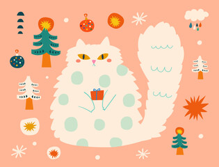 Funny Christmas card with cat and Christmas tree
