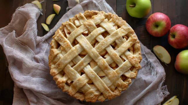 Freshly baked apple pie with golden crust and surrounding apples on rustic wooden table