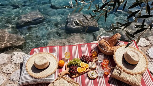 Summer Picnic by the Sea with Fresh Fruits and Drinks.