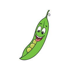 Funny cartoon pea pod with a happy face and three peas isolated on white background