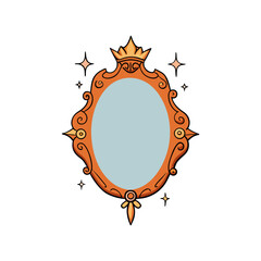 Ornate oval mirror with crown and sparkles isolated on white background © Shoyon