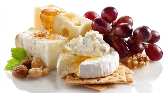Artisan cheese platter with brie, camembert, swiss varieties, red grapes, honey drizzle, walnuts and crackers arranged on white background for elegant appetizer presentation