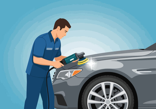 Car Detailer Polishing a Gray Vehicle with a Power Buffer for Shine