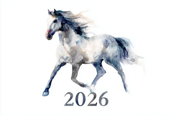 白い馬の水彩イラスト(2026のテキスト入り)、干支、午年、年賀状