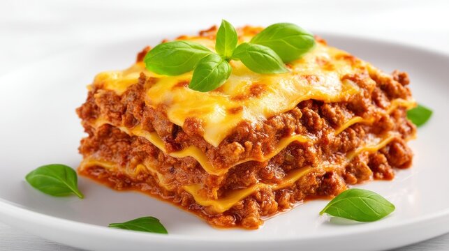 Layers of homemade pasta fill a plate, generously covered with flavorful bolognese sauce and gooey cheese. Fresh basil leaves add a touch of green, enhancing the dish's appeal