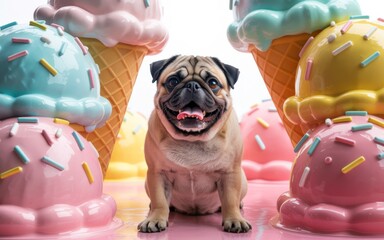 Adorable Pug Surrounded by Giant Colorful Ice Cream Cones with Sprinkles in Dreamy Setting