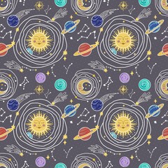 Hand-drawn Celestial Seamless Pattern Sun Moon Planets