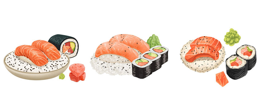 Elegant Japanese Sushi Platter with Salmon Nigiri and Avocado Maki Roll Isolated PNG Illustration for Restaurant Menu and Healthy Food Concept

