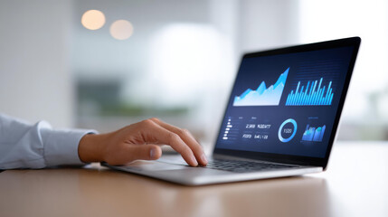 Close up of person hand on laptop analyzing business dashboard. focused analyst working on computer screen with financial chart, data, and market statistic