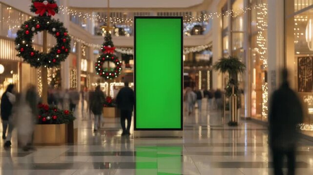 Mall interior with green screen advertising display during Christmas season.