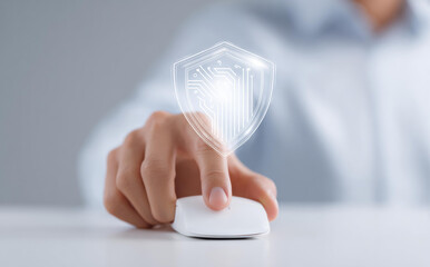 Focused businessman uses technology for data protection and internet security. cybersecurity concept shows secure network and ensures user privacy and safety online