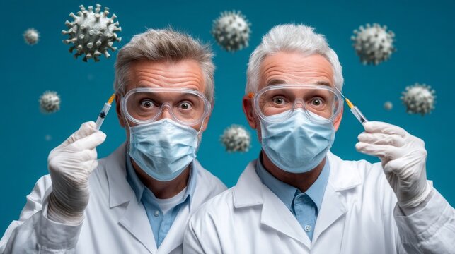 Two doctors wearing surgical masks and glasses display syringes in a colorful blue background filled with floating virus models - Powered by Adobe