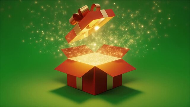 Open gift box with magical light and sparkles on green background.