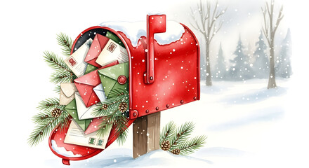 Red mailbox overflowing with Christmas cards in snowy landscape  