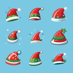 Set of Santa hats for your creativity. Festive design element for Christmas and New Year. Vector illustration in doodle style