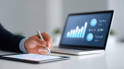 Focused businessman doing financial analysis with data on chart. Using laptop and tablet with stylus for market research, strategy, and investment growth