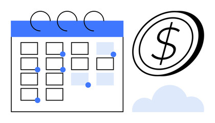 Calendar grid with highlighted dates, dollar coin, and cloud accent. Ideal for time management, budgeting, finance planning, schedule, business goals savings and reminders. Simple flat metaphor