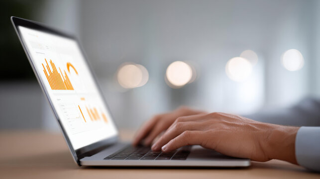 Focused businessman typing on laptop, doing financial analysis with chart and data. professional working hard in modern office, showing deep concentration