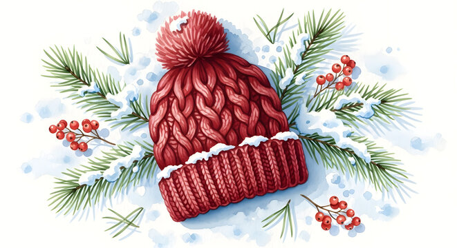 Warm knitted red beanie with pompom on snowy pine branches