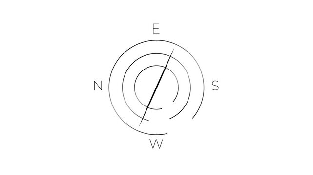 Minimal abstract motion design with circular rotation and intersecting compass directions north south east west with white background.